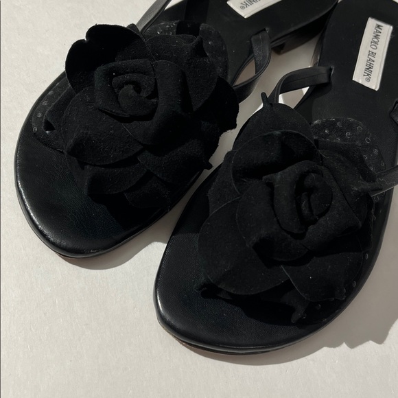 Manolo Blahnik Black Leather Suede Flower Slides Sandals sz 38.5 Made in Italy - Picture 8 of 11